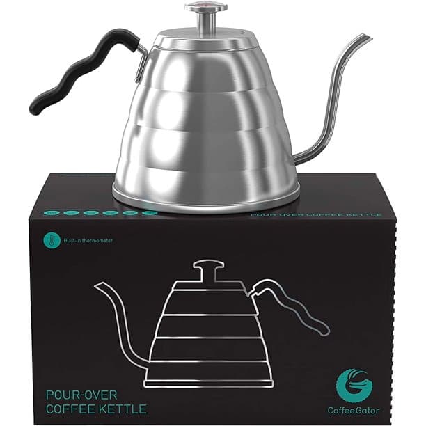 Coffeegator silver digital gooseneck kettle.