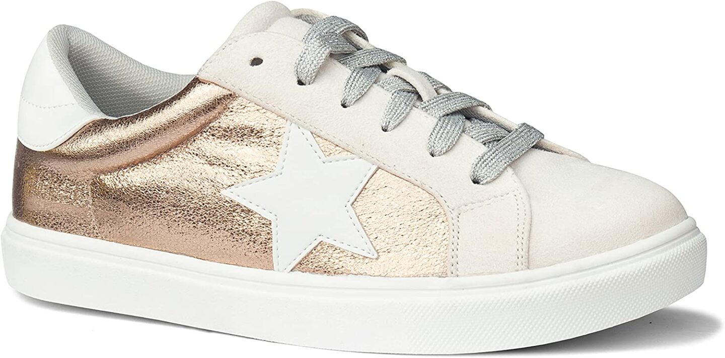 Rose gold leather sneaker with star detail.