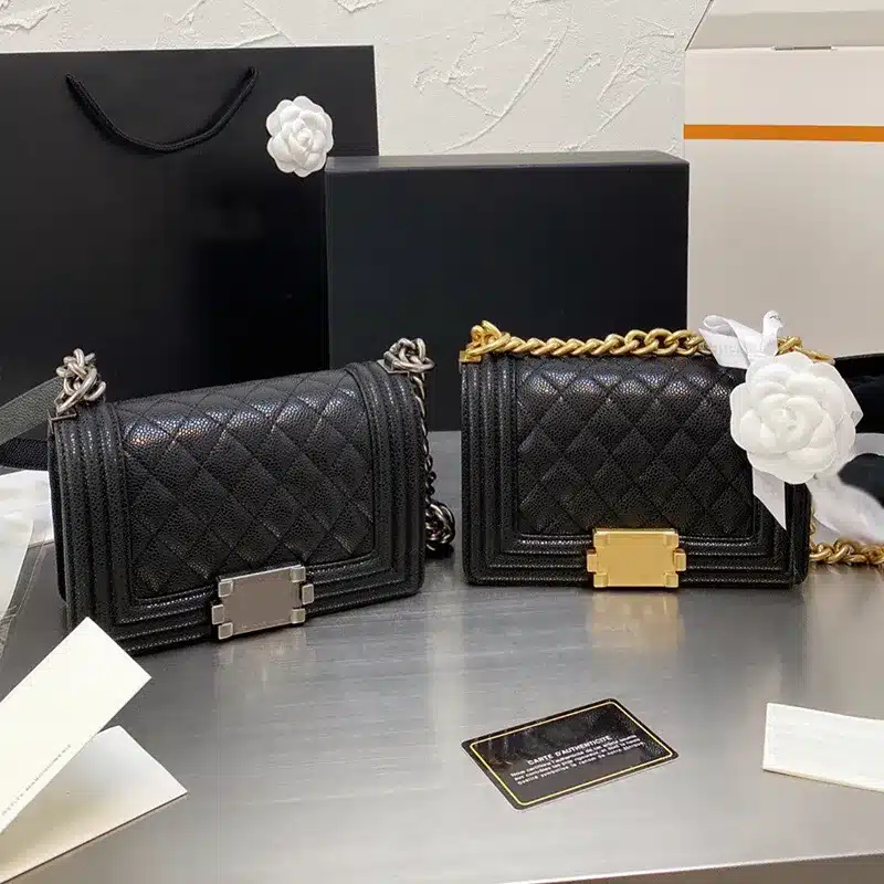 Black quilted handbags.