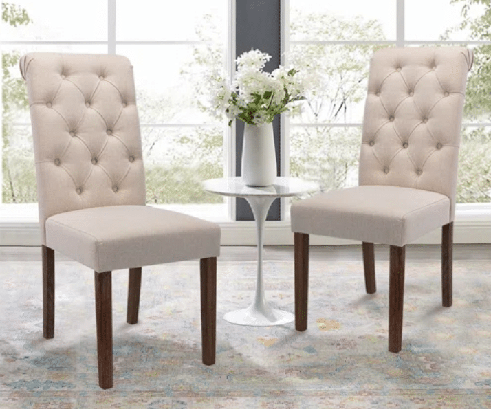 Cream dining chairs, by blogger What The Fab