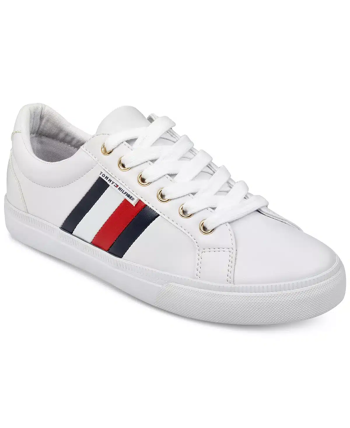 Tommy Hilfiger white Lightz sneaker with red, white, and blue stripes.