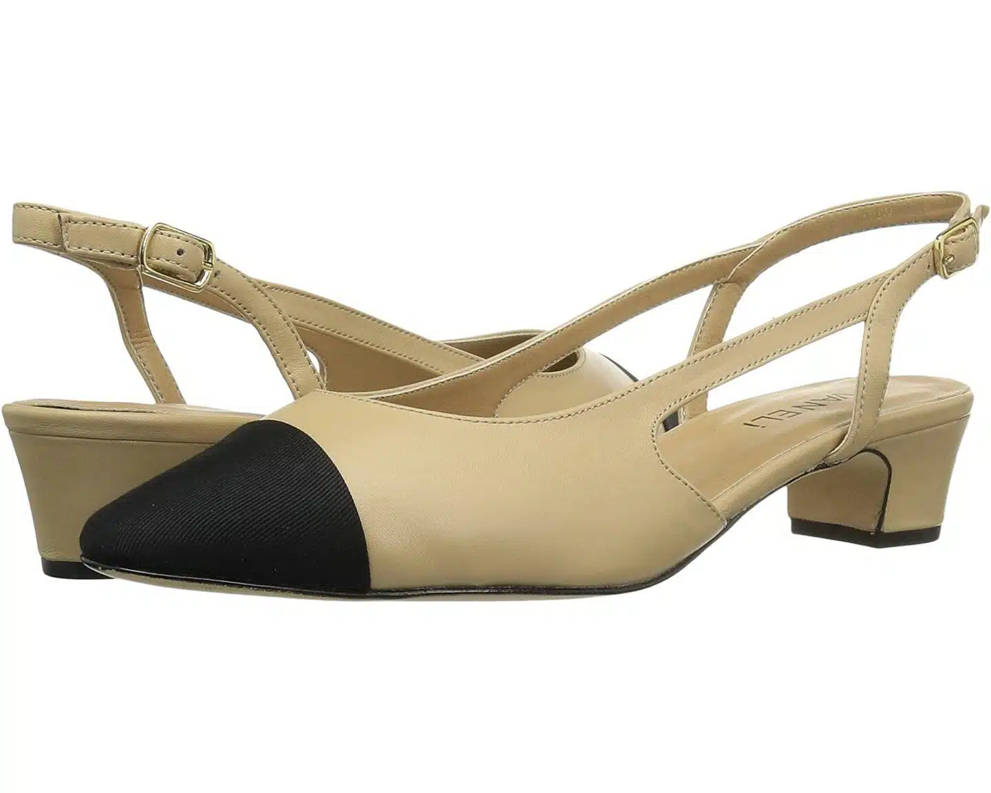 Chanel slingback heel dupes in nude and black leather.