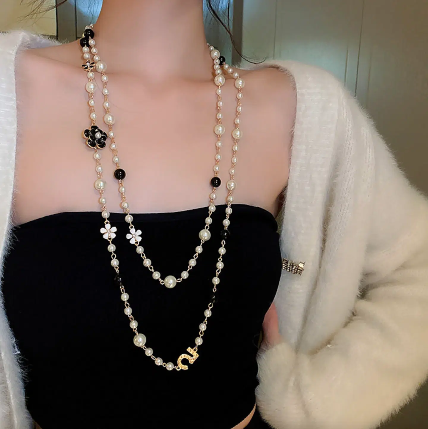 CHANEL Graduated Pearl Crystal CC Long Necklace Light Gold 204446