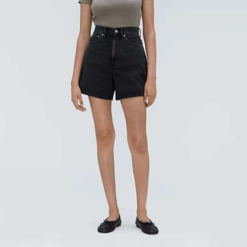 The A-Line Denim Short from Everlane in storm black.