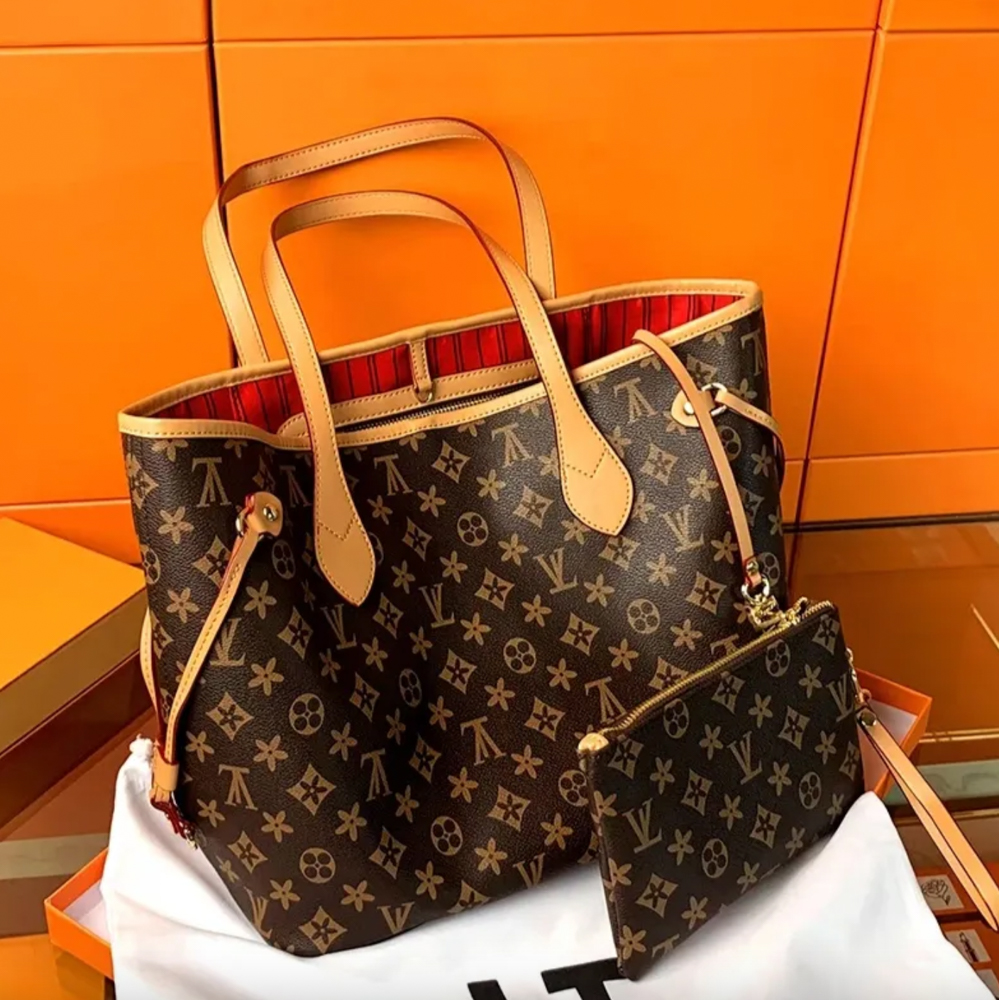 Bellas Handbags - 🖤SOLD THANK YOU SO MUCH! We have this beautiful black  checkered LV inspired Neverfull Tote Bag with wristlet 🖤 red and black  stripe interior 😍