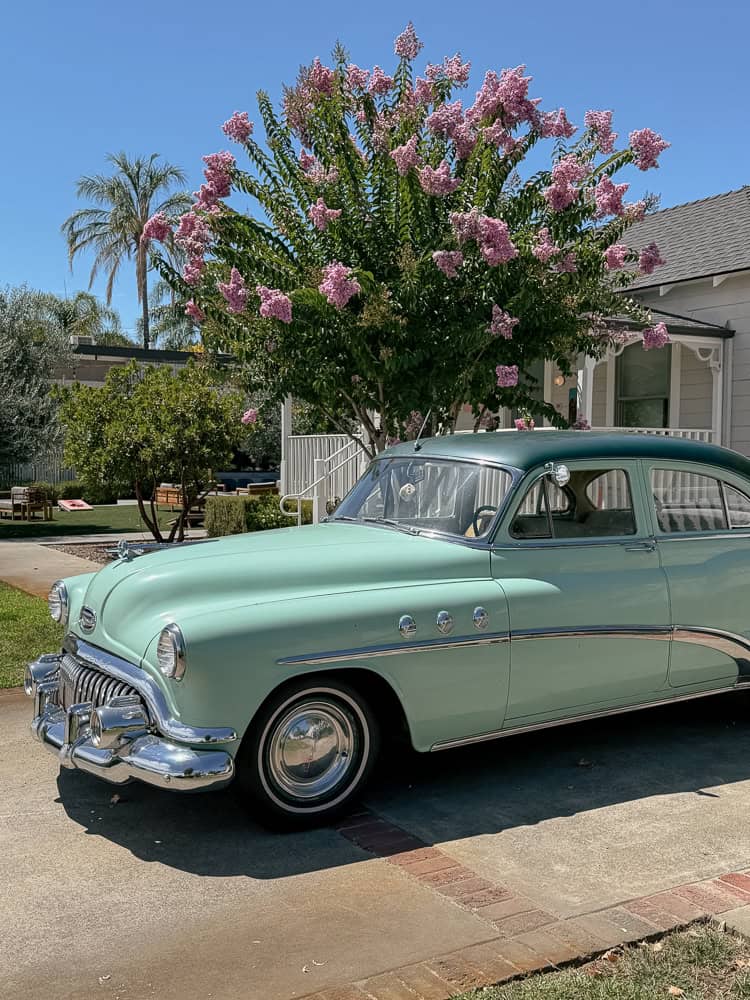 Vintage mint green Buick outside Dr. Wilkinson's Backyard Resort in Calistoga